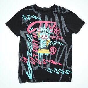 Mens Medium Black Southpole Graphic T Shirt Statue Liberty Ice Cream Pizza